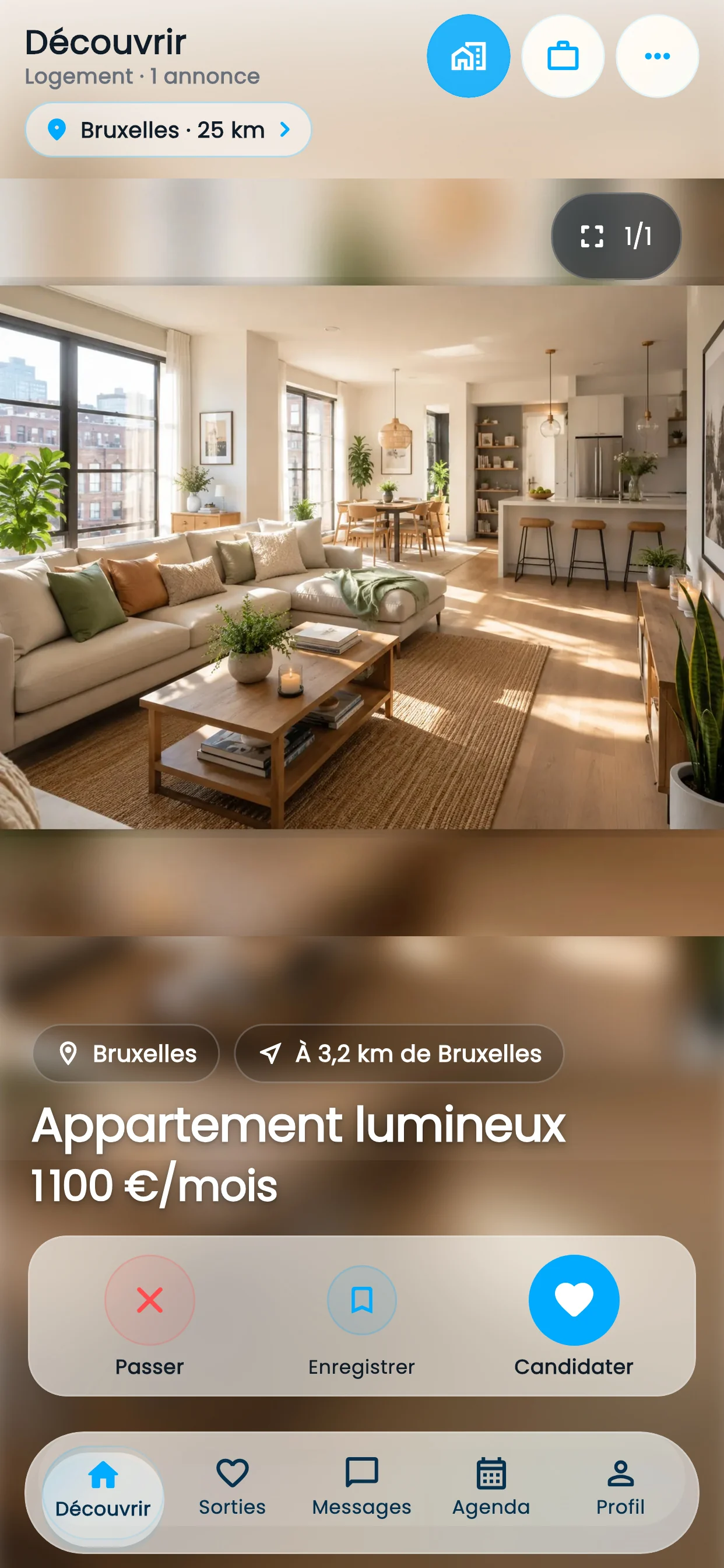 Carte d'un logement avec photo, loyer et surface dans Findli